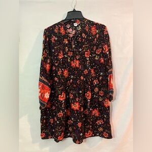 Old Navy Black Floral Boho Midi Dress V-neck Long Sleeve Size XS/TP